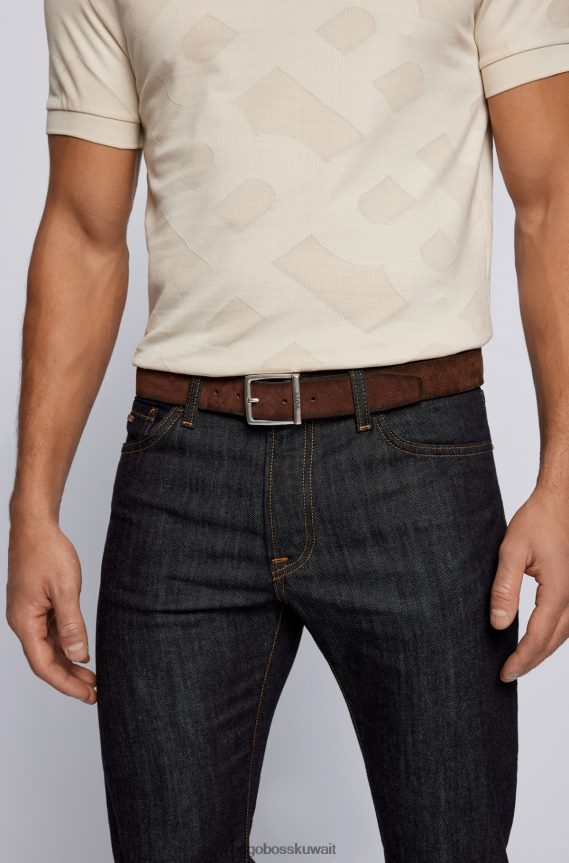 4TFNJN5246 بني غامق Hugo Boss حزام هوغو من جلد الغزال بإبزيم مربع وشعار محفور باللون البني الداكن