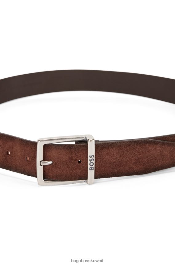 4TFNJN5246 بني غامق Hugo Boss حزام هوغو من جلد الغزال بإبزيم مربع وشعار محفور باللون البني الداكن