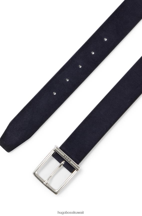 4TFNJN5247 أزرق غامق Hugo Boss حزام من جلد الغزال بإبزيم مربع وشعار هوغو منقوش باللون الأزرق الداكن