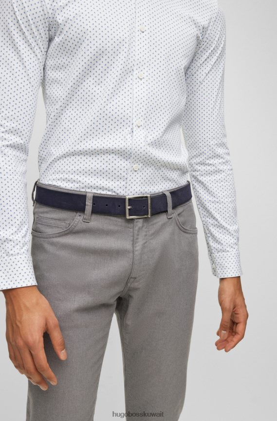 4TFNJN5247 أزرق غامق Hugo Boss حزام من جلد الغزال بإبزيم مربع وشعار هوغو منقوش باللون الأزرق الداكن