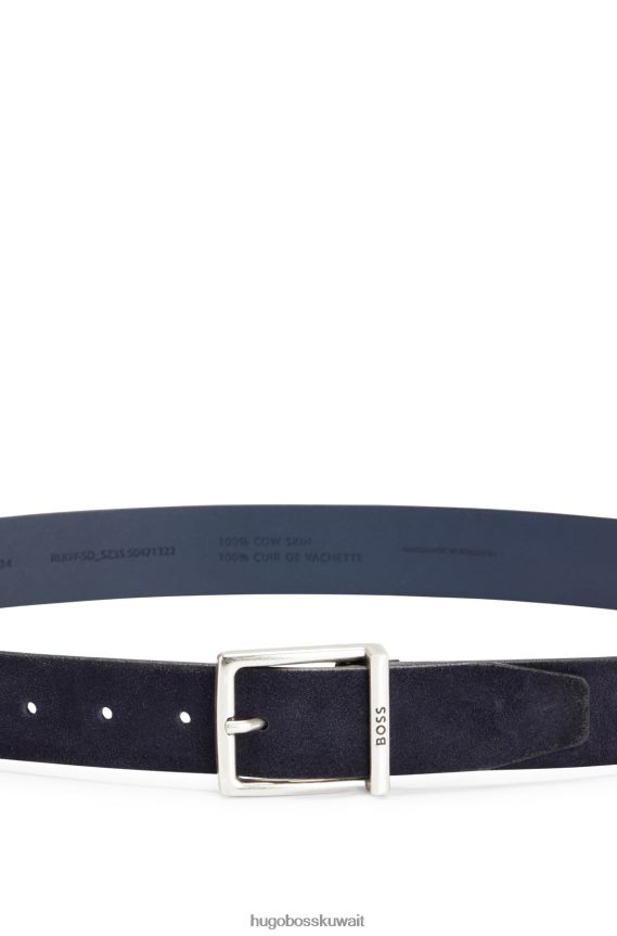 4TFNJN5247 أزرق غامق Hugo Boss حزام من جلد الغزال بإبزيم مربع وشعار هوغو منقوش باللون الأزرق الداكن