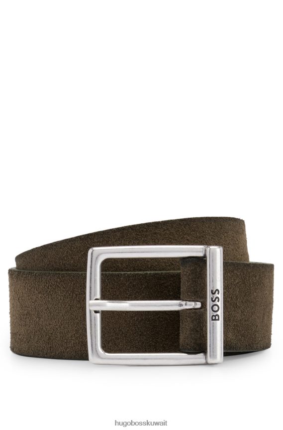 4TFNJN5248 الكاكي Hugo Boss حزام من جلد الغزال الكاكي مع إبزيم مربع وشعار هوغو محفور