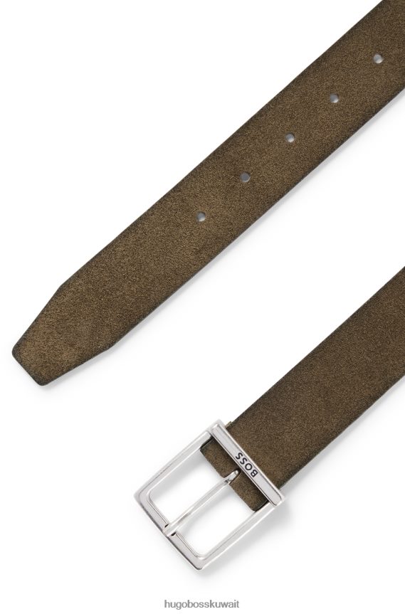 4TFNJN5248 الكاكي Hugo Boss حزام من جلد الغزال الكاكي مع إبزيم مربع وشعار هوغو محفور