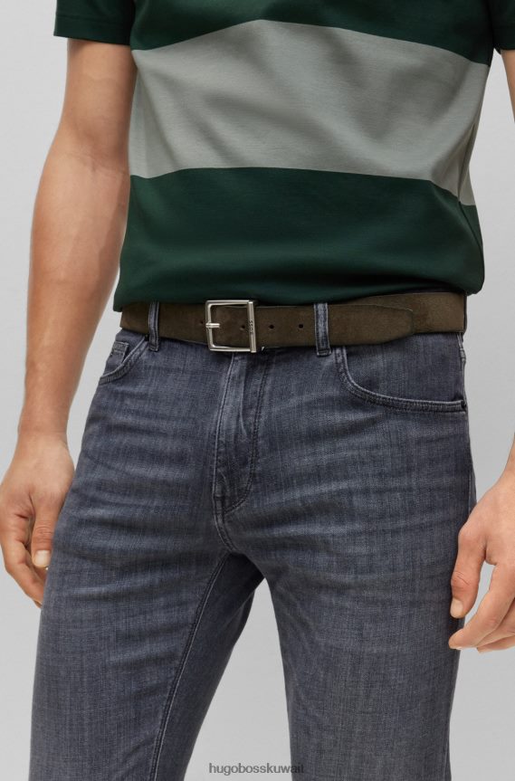 4TFNJN5248 الكاكي Hugo Boss حزام من جلد الغزال الكاكي مع إبزيم مربع وشعار هوغو محفور