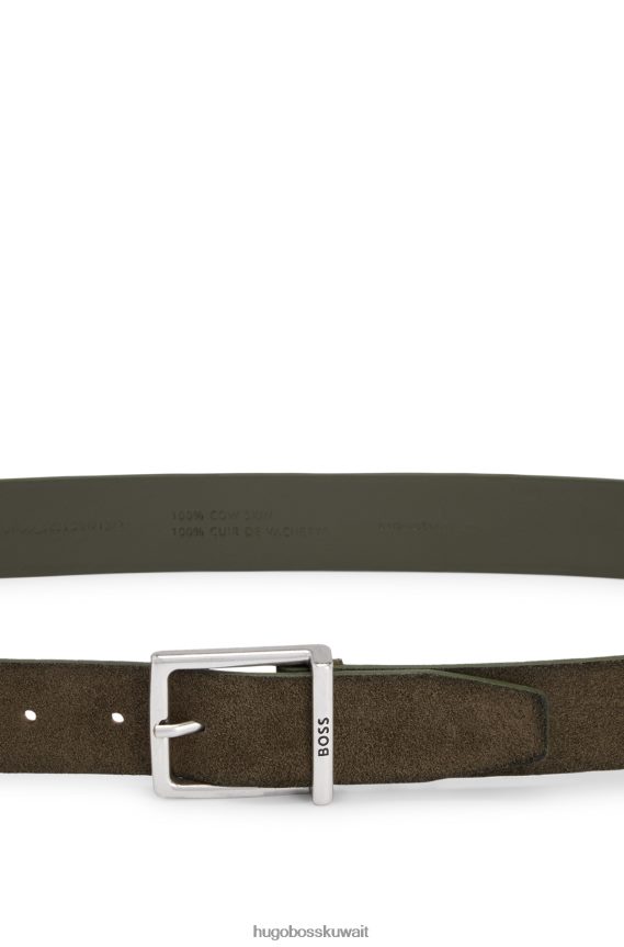 4TFNJN5248 الكاكي Hugo Boss حزام من جلد الغزال الكاكي مع إبزيم مربع وشعار هوغو محفور
