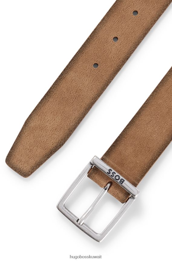 4TFNJN5249 البني الفاتح Hugo Boss حزام من جلد الغزال بإبزيم مربع وشعار هوغو محفور باللون البني الفاتح