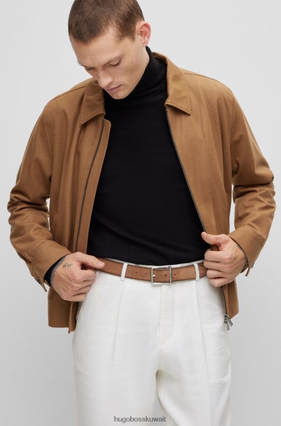 4TFNJN5249 البني الفاتح Hugo Boss حزام من جلد الغزال بإبزيم مربع وشعار هوغو محفور باللون البني الفاتح