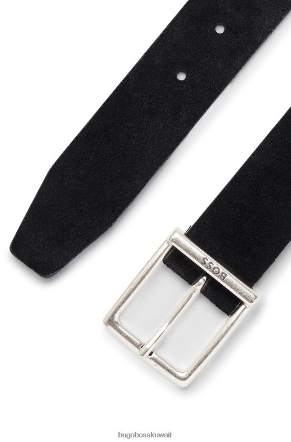 4TFNJN5250 أسود Hugo Boss حزام من جلد الغزال هوغو أسود مع إبزيم مربع وشعار محفور
