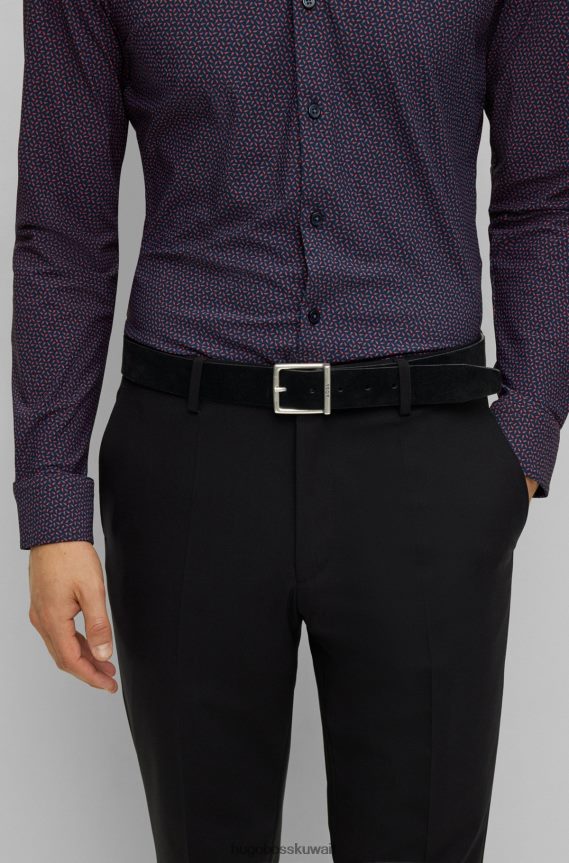 4TFNJN5250 أسود Hugo Boss حزام من جلد الغزال هوغو أسود مع إبزيم مربع وشعار محفور