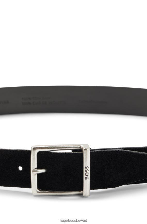 4TFNJN5250 أسود Hugo Boss حزام من جلد الغزال هوغو أسود مع إبزيم مربع وشعار محفور