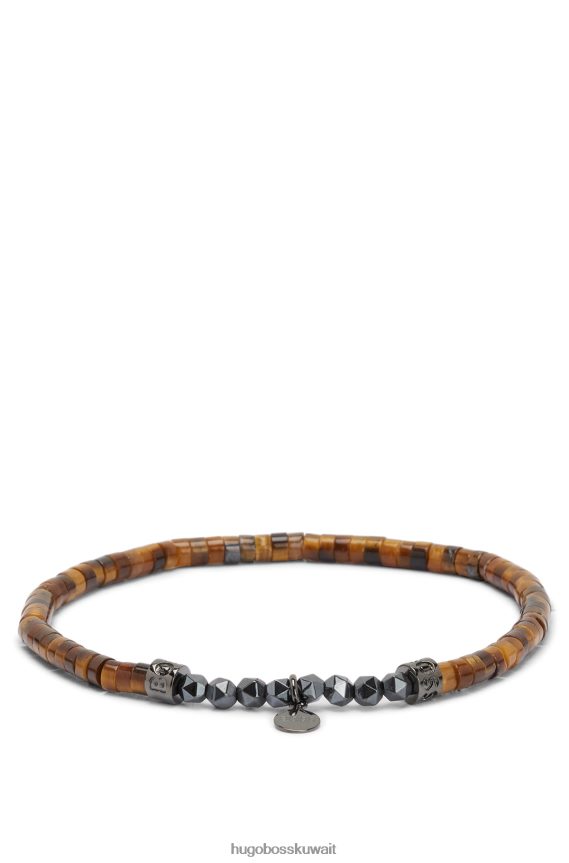 4TFNJN5251 بني Hugo Boss سوار من الهيماتيت البني وعين النمر مزين بتفاصيل الشعار