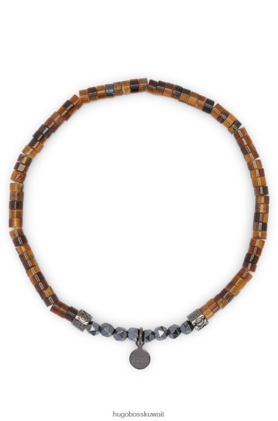 4TFNJN5251 بني Hugo Boss سوار من الهيماتيت البني وعين النمر مزين بتفاصيل الشعار