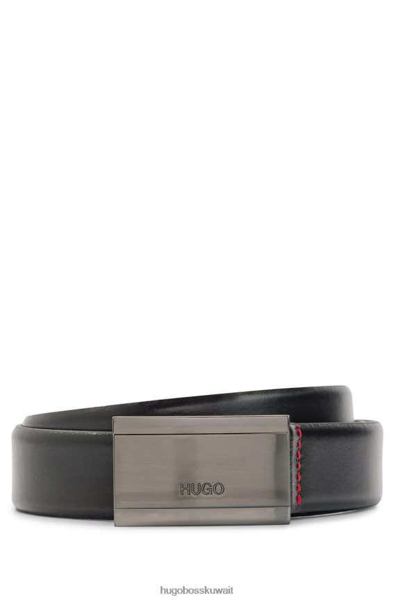 4TFNJN5254 أسود Hugo Boss حزام أسود منقوش عليه الشعار من الجلد الناعم مع مشبك هوغو من البلاك