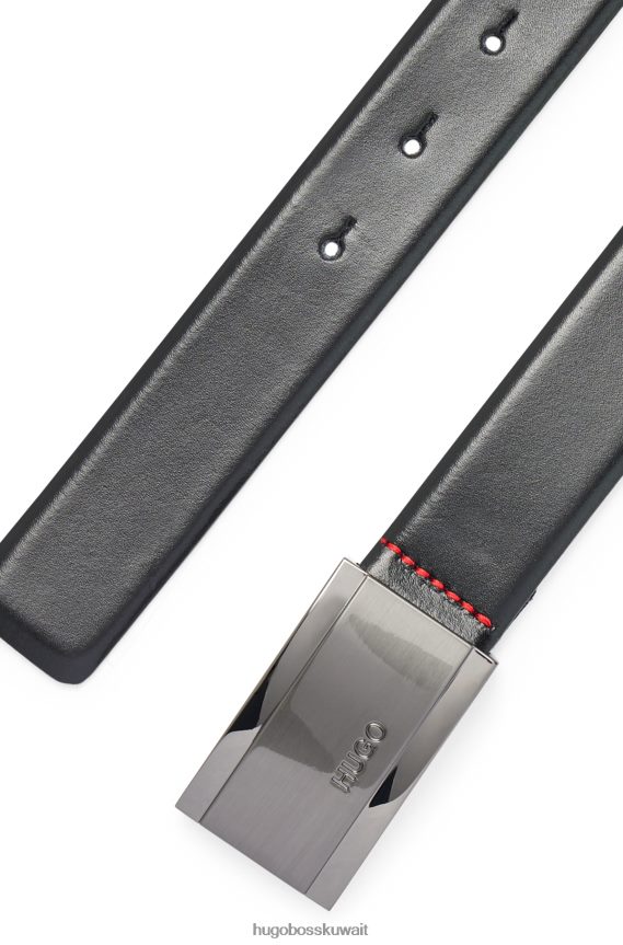 4TFNJN5254 أسود Hugo Boss حزام أسود منقوش عليه الشعار من الجلد الناعم مع مشبك هوغو من البلاك