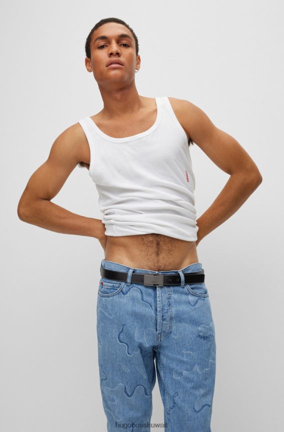 4TFNJN5254 أسود Hugo Boss حزام أسود منقوش عليه الشعار من الجلد الناعم مع مشبك هوغو من البلاك