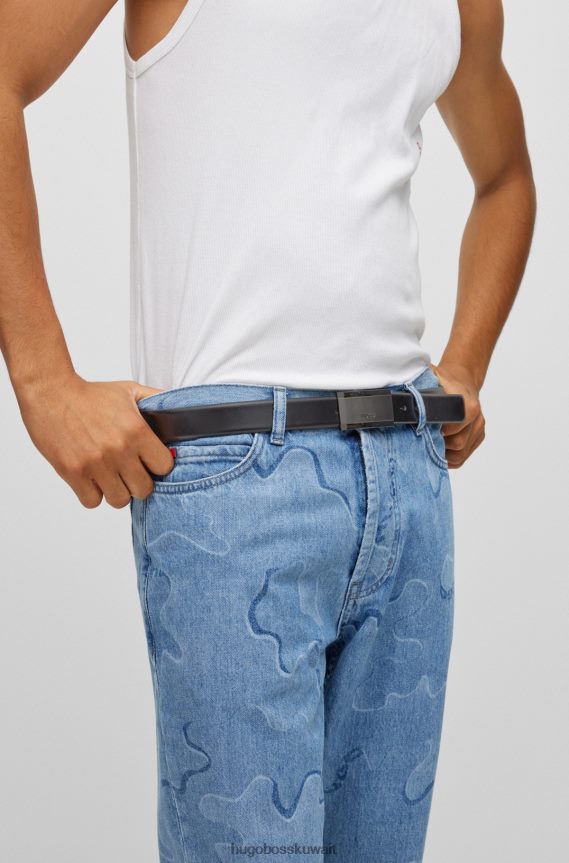 4TFNJN5254 أسود Hugo Boss حزام أسود منقوش عليه الشعار من الجلد الناعم مع مشبك هوغو من البلاك