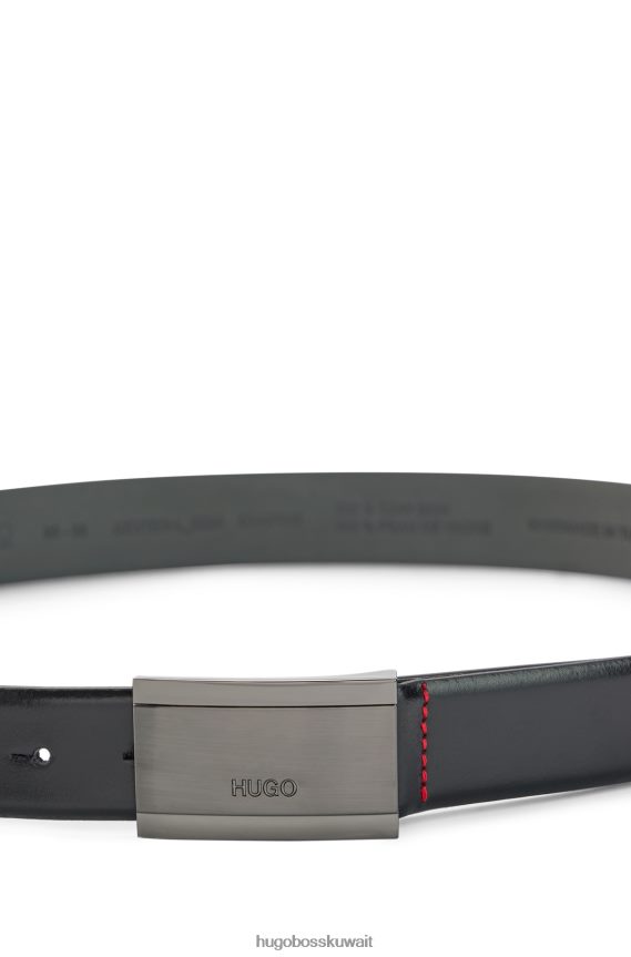 4TFNJN5254 أسود Hugo Boss حزام أسود منقوش عليه الشعار من الجلد الناعم مع مشبك هوغو من البلاك