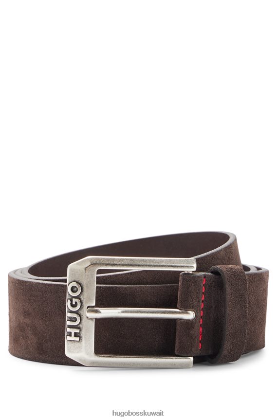 4TFNJN5255 بني غامق Hugo Boss حزام من جلد الغزال مع مشبك دبوس الشعار هوغو بني داكن
