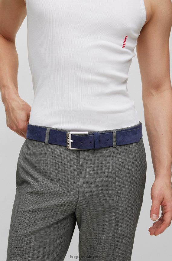 4TFNJN5256 أزرق غامق Hugo Boss حزام من جلد الغزال هوغو باللون الأزرق الداكن مع مشبك دبوس الشعار