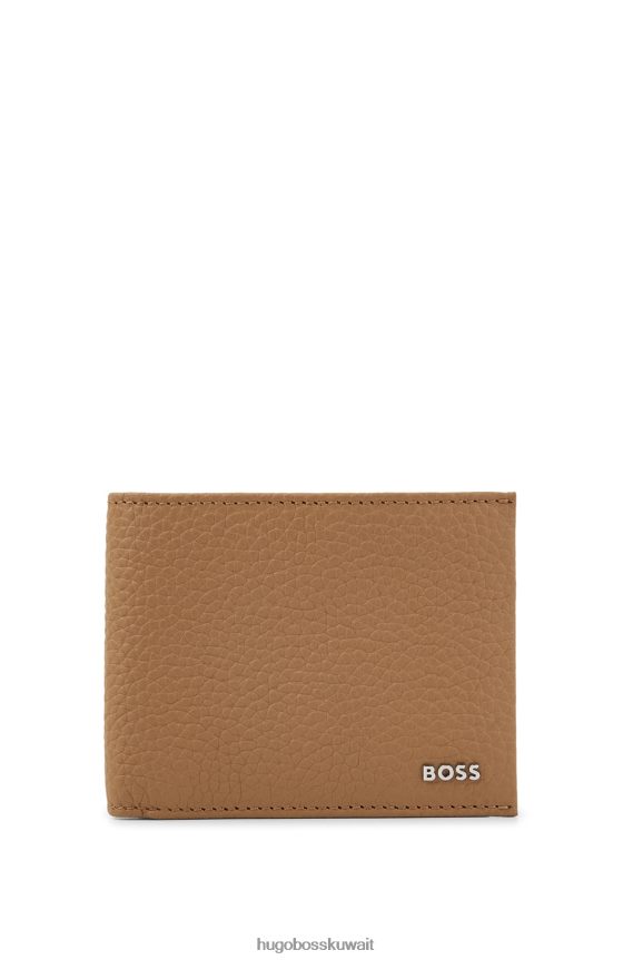 4TFNJN5257 اللون البيج Hugo Boss محفظة هوغو من الجلد المحبب باللون البيج مع شعار مصقول