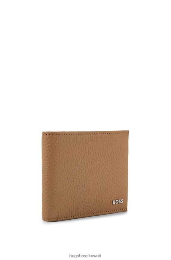 4TFNJN5257 اللون البيج Hugo Boss محفظة هوغو من الجلد المحبب باللون البيج مع شعار مصقول
