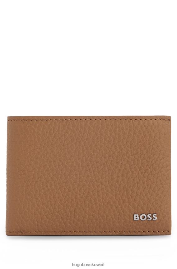 4TFNJN5258 اللون البيج Hugo Boss محفظة هوغو من الجلد المحبب مع شعار مصقول باللون البيج