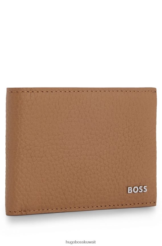 4TFNJN5258 اللون البيج Hugo Boss محفظة هوغو من الجلد المحبب مع شعار مصقول باللون البيج