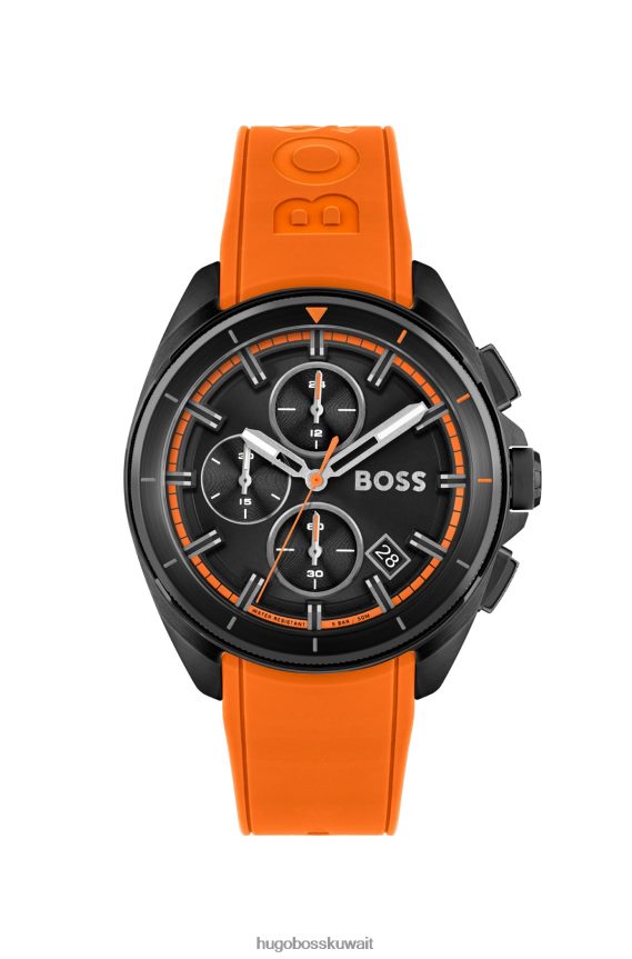 4TFNJN5265 حزمة مسبقة متنوعة Hugo Boss ساعة كرونوغراف مطلية باللون الأسود مع حزام سيليكون برتقالي، مجموعة متنوعة مسبقًا من هوغو