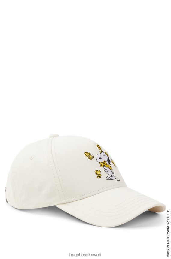 4TFNJN5272 أبيض Hugo Boss قبعة بطبعة جرافيك x الفول السوداني من نسيج قطني مضلع مع شعار فني