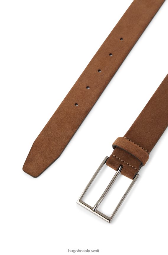 4TFNJN5274 بني Hugo Boss حزام هوغو من جلد الغزال مع شعار ومشبك معدني باللون البني