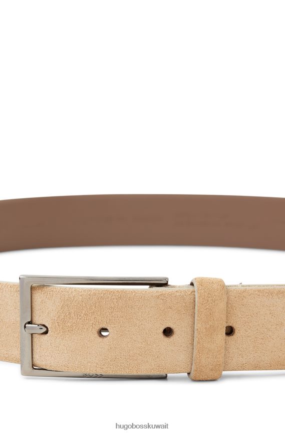 4TFNJN5275 اللون البيج Hugo Boss حزام من جلد الغزال مع شعار ومشبك معدني باللون البيج