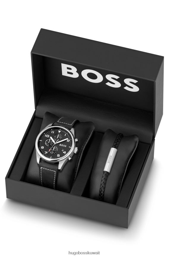 4TFNJN5284 حزمة مسبقة متنوعة Hugo Boss ساعة كرونوغراف متنوعة بحزام جلدي من هوغو مع قرص أسود