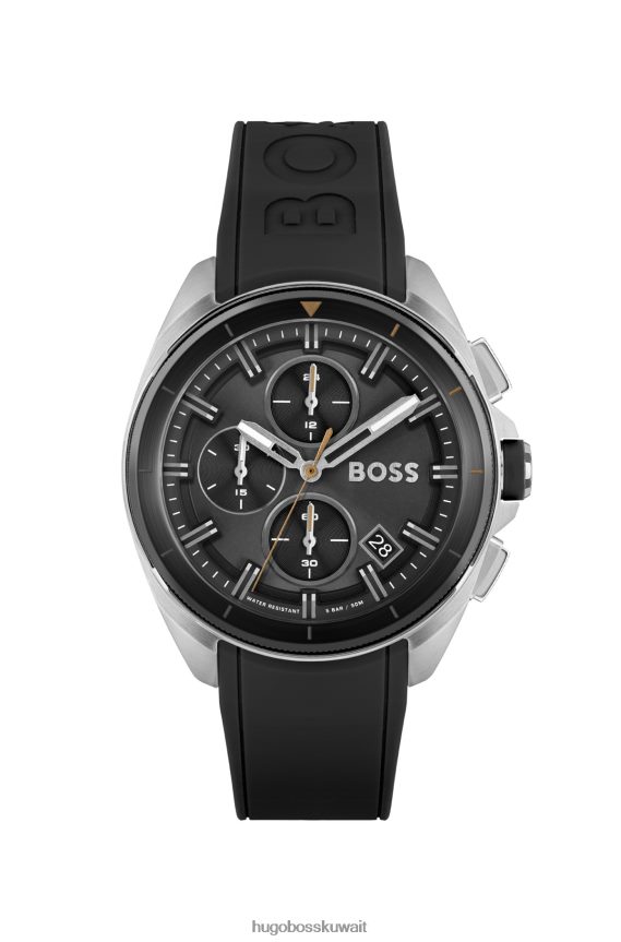 4TFNJN5286 حزمة مسبقة متنوعة Hugo Boss ساعة هوغو كرونوغراف بقرص أسود مع حزام سيليكون أسود، عبوة متنوعة مسبقة الصنع