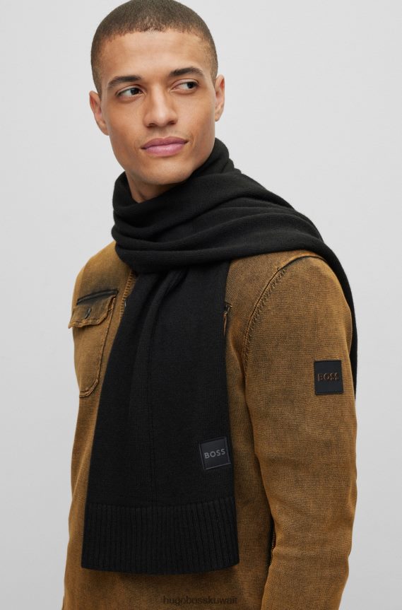 4TFNJN5293 أسود Hugo Boss وشاح منسوج عادي مع شارة شعار منسوجة باللون الأسود