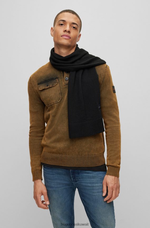 4TFNJN5293 أسود Hugo Boss وشاح منسوج عادي مع شارة شعار منسوجة باللون الأسود