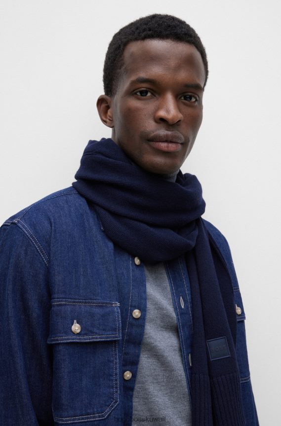 4TFNJN5294 أزرق غامق Hugo Boss وشاح منسوج باللون الأزرق الداكن مع شارة شعار هوغو منسوجة