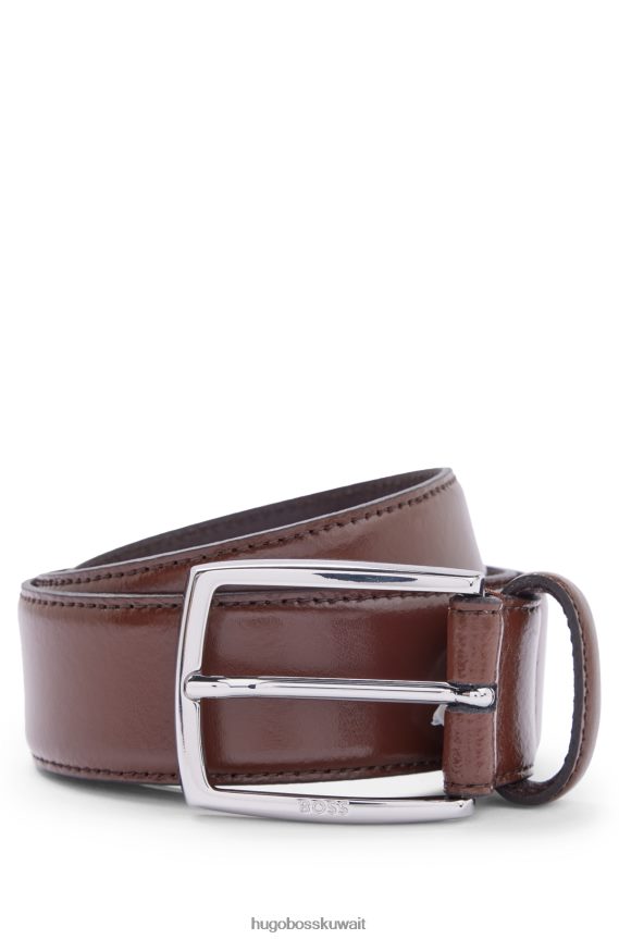 4TFNJN5297 بني Hugo Boss حزام هوغو بني من الجلد المصقول إيطالي الصنع مع تفاصيل خياطة