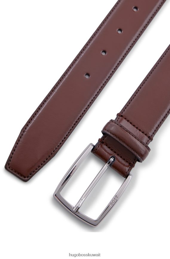 4TFNJN5297 بني Hugo Boss حزام هوغو بني من الجلد المصقول إيطالي الصنع مع تفاصيل خياطة