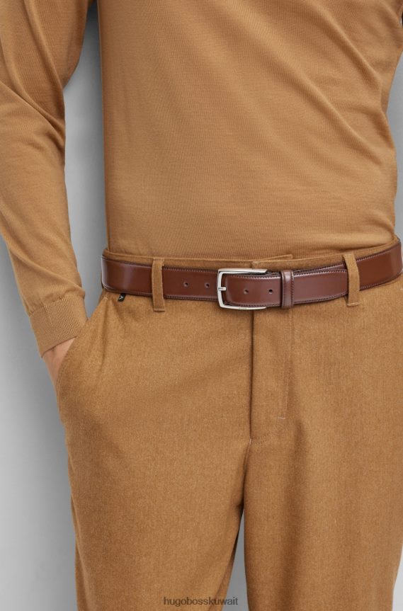 4TFNJN5297 بني Hugo Boss حزام هوغو بني من الجلد المصقول إيطالي الصنع مع تفاصيل خياطة