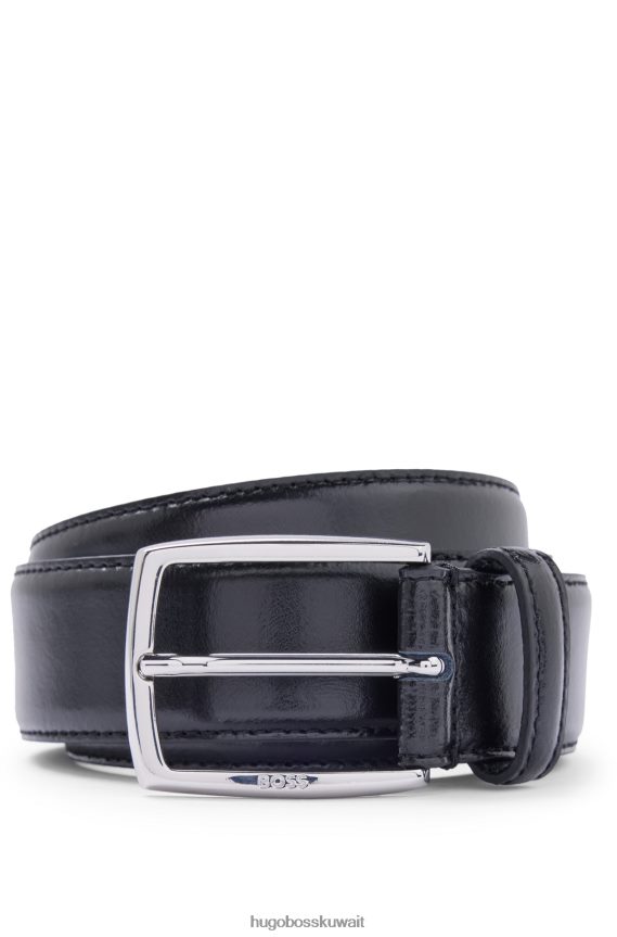 4TFNJN5298 أسود Hugo Boss حزام هوغو من الجلد المصقول صناعة إيطالية مع تفاصيل خياطة باللون الأسود