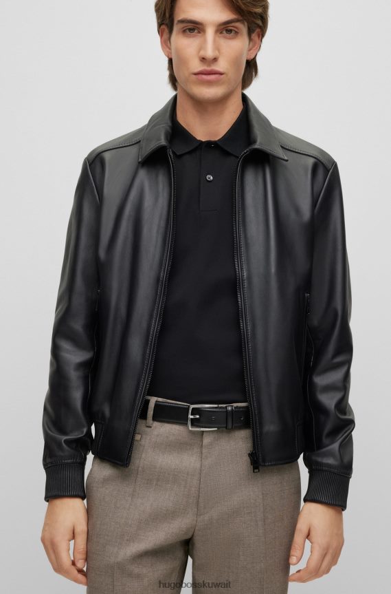 4TFNJN5298 أسود Hugo Boss حزام هوغو من الجلد المصقول صناعة إيطالية مع تفاصيل خياطة باللون الأسود