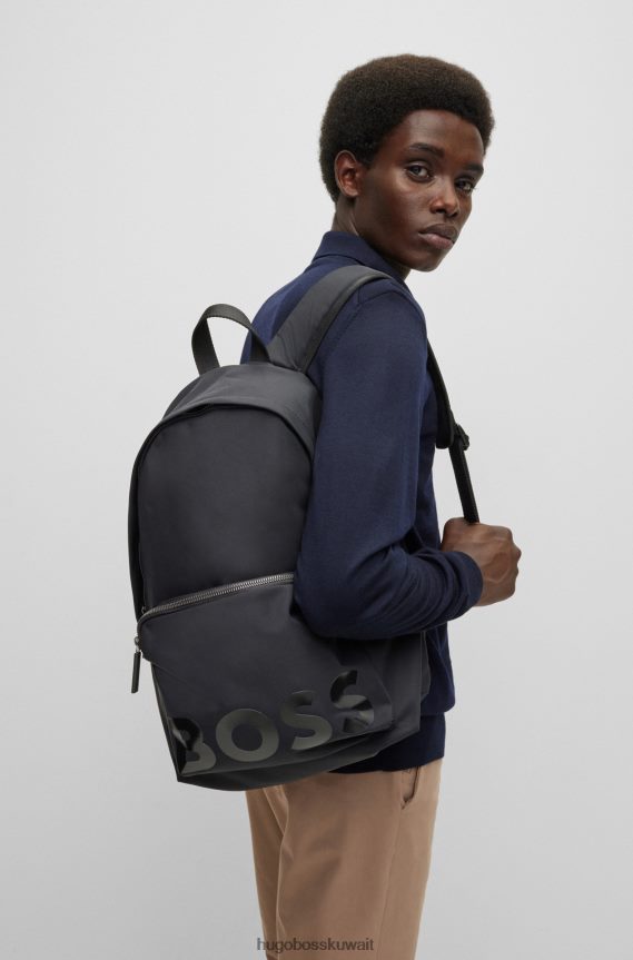 4TFNJN5303 أسود Hugo Boss حقيبة ظهر سوداء من مادة معاد تدويرها من هوغو مع حزام مخطط مميز