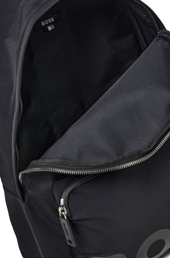 4TFNJN5303 أسود Hugo Boss حقيبة ظهر سوداء من مادة معاد تدويرها من هوغو مع حزام مخطط مميز