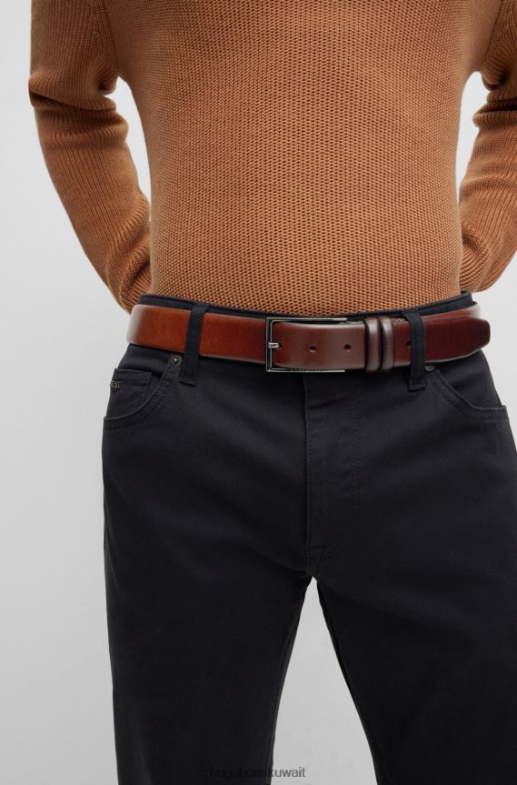 4TFNJN5306 بني Hugo Boss حزام هوغو من الجلد المدبوغ نباتيًا مع أجزاء معدنية باللون البني