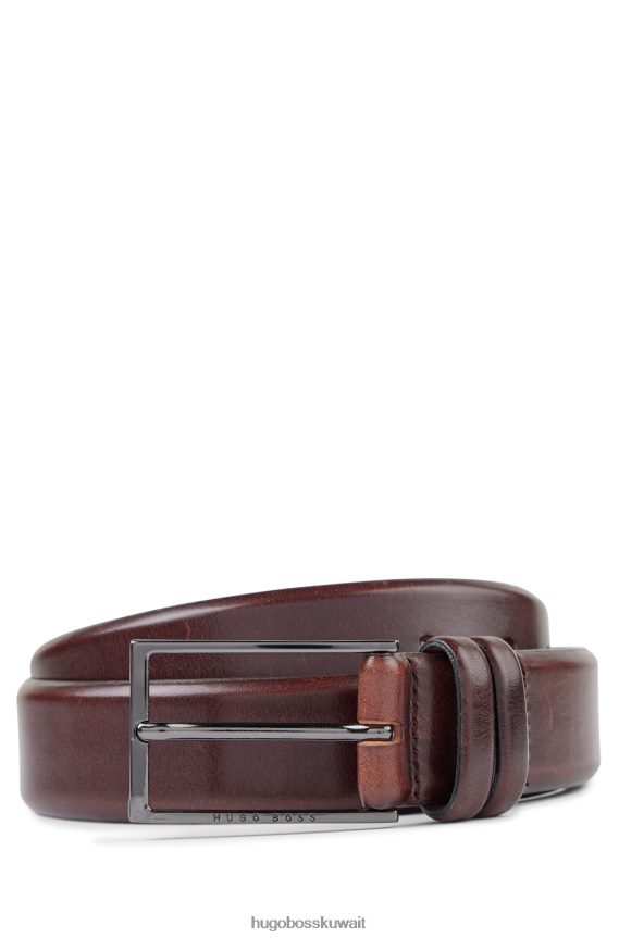 4TFNJN5307 بني غامق Hugo Boss حزام من الجلد المدبوغ نباتيًا مع أجزاء معدنية باللون البني الداكن
