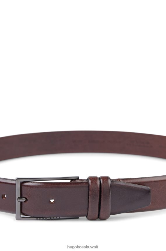 4TFNJN5307 بني غامق Hugo Boss حزام من الجلد المدبوغ نباتيًا مع أجزاء معدنية باللون البني الداكن