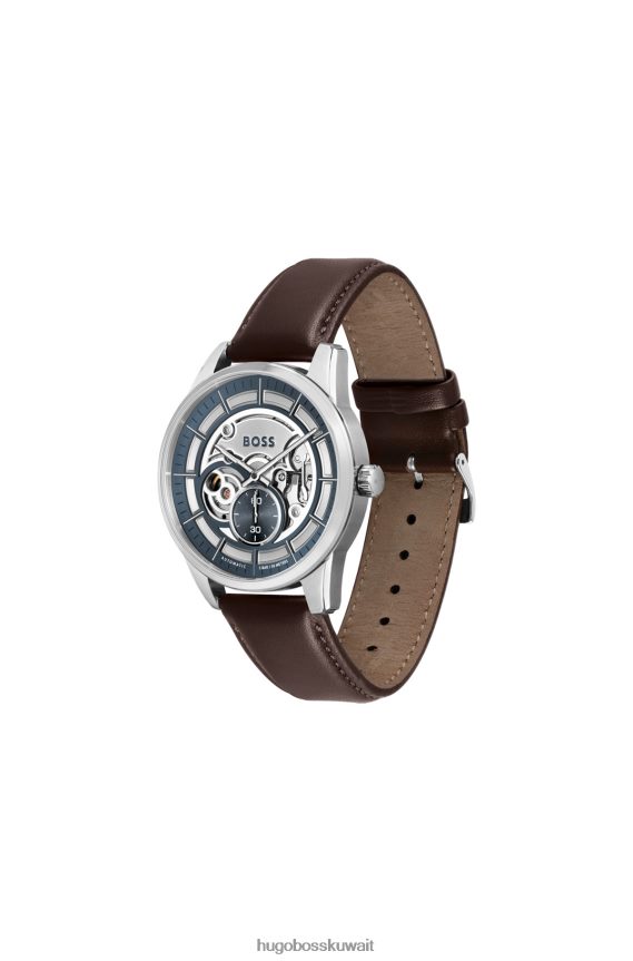 4TFNJN5308 حزمة مسبقة متنوعة Hugo Boss ساعة أوتوماتيكية متنوعة بمينا هيكل عظمي وحزام جلدي بني