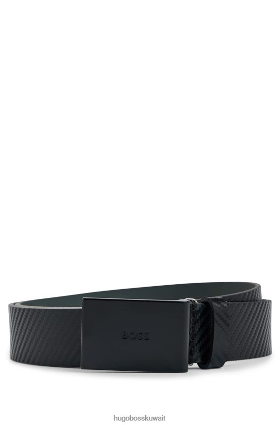 4TFNJN5321 أسود Hugo Boss حزام من الجلد الأسود المنظم مع إبزيم هوغو يحمل شعار العلامة التجارية