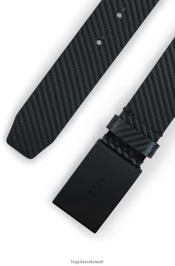 4TFNJN5321 أسود Hugo Boss حزام من الجلد الأسود المنظم مع إبزيم هوغو يحمل شعار العلامة التجارية