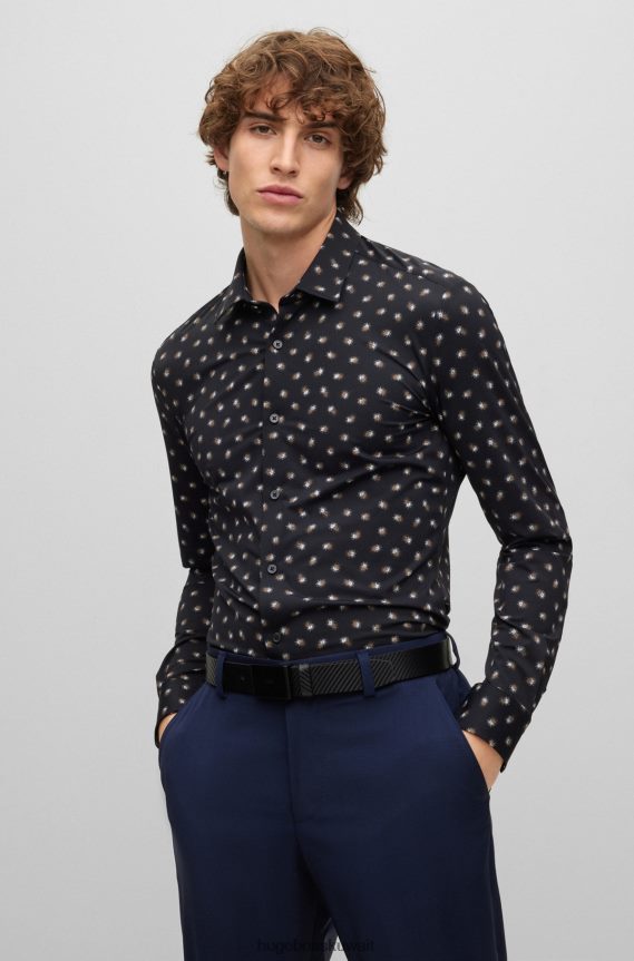 4TFNJN5321 أسود Hugo Boss حزام من الجلد الأسود المنظم مع إبزيم هوغو يحمل شعار العلامة التجارية